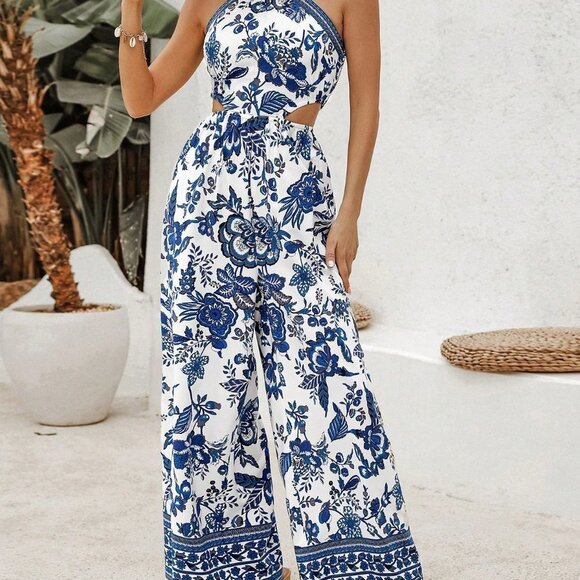 Blue White Boho Womens Floral Print Boho Womens Floral Print Halterneck Jumpsuit - Picture 4 of 5